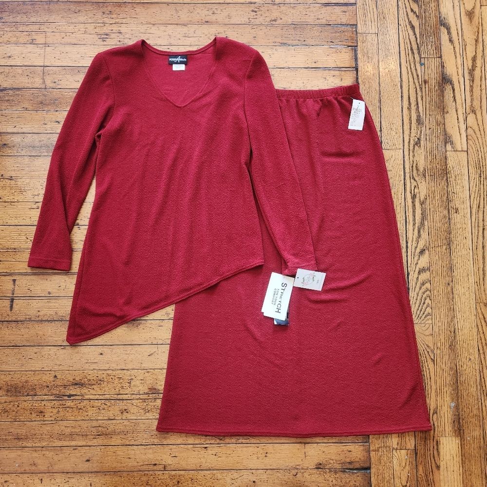 Positive Attitude Vintage 2 Piece Midi Skirt Set Asymmetric Hem Top Red Size 12